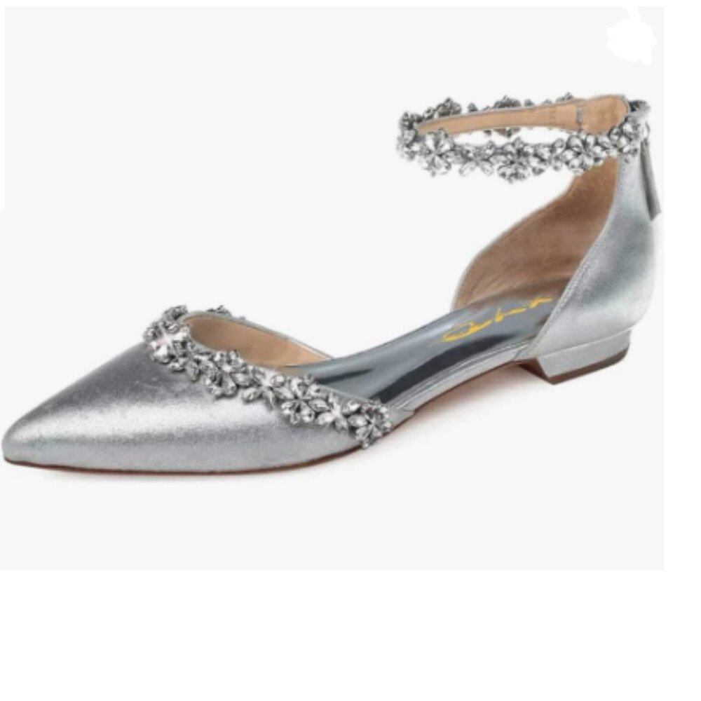 XYD Silver Pointed Toe Sparkly Rhinestones Ankle Strap Zipper Wedding Sandals